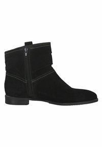 Černé semišové kotníkové boty s překládaným lemem, bočním zipem, plochým podpatkem a kontrastním prošíváním. Hladký povrch, moderní design.