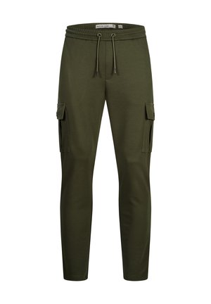 Olivengrønne cargo joggingbukser med elastisk talje, snøre og klaplommer på begge lår, smalle ben.