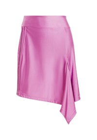 Rosa sateng mini skjørt med innpakningsdesign, med høy midje, asymmetrisk kant og leggdetalj på den ene siden. Glatt tekstur.