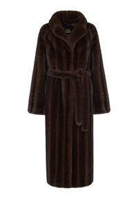 Brun faux fur badekåbe med sjalskrave, lange ærmer, bælte ved taljen og en struktureret overflade. Har et logo-tag ved halsen.