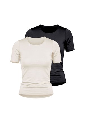 Two plain short-sleeve crew neck t-shirts, one black and one white, displayed on a white background.