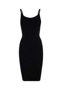 Abito bodycon nero senza maniche con spalline sottili e silhouette aderente, lunghezza al ginocchio, su uno sfondo bianco.