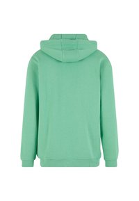 Miętowa bluza z długim rękawem i kapturem, z kieszenią na przodzie, ściągaczami na mankietach oraz u dołu, pokazana z tyłu na białym tle.