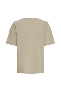 Beige kortærmet bomuld T-shirt med rund hals, vist bagfra på hvid baggrund.