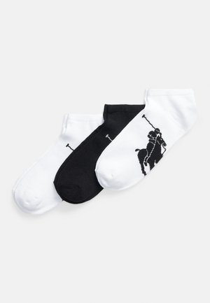 Three pairs of ankle socks: one white with black logo, one black with white logo, and one solid black. Cotton blend material, smooth texture.