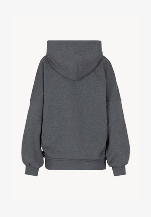 Szara bluzka z kapturem o luźnym kroju, z przerośniętymi rękawami, ściągaczami u dołu rękawów i miękkim, teksturowanym materiałem.