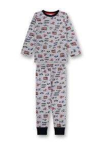 Graues Pyjama-Set mit Langarmoberteil und Hose. Das Design umfasst bunte Fahrzeugmuster in Schwarz und Rot. Weicher Stoff, elastischer Bund.