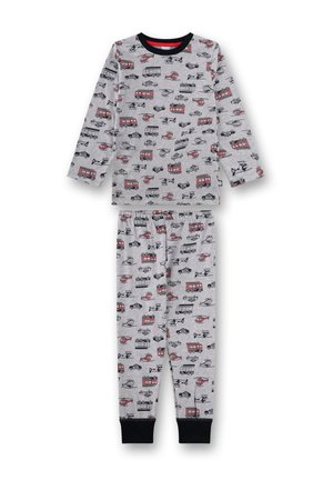 Graues Pyjama-Set mit Langarmoberteil und Hose. Das Design umfasst bunte Fahrzeugmuster in Schwarz und Rot. Weicher Stoff, elastischer Bund.