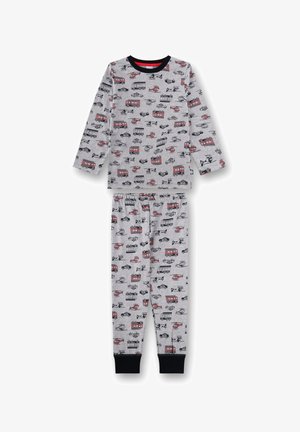 Graues Pyjama-Set mit Langarmoberteil und Hose. Das Design umfasst bunte Fahrzeugmuster in Schwarz und Rot. Weicher Stoff, elastischer Bund.