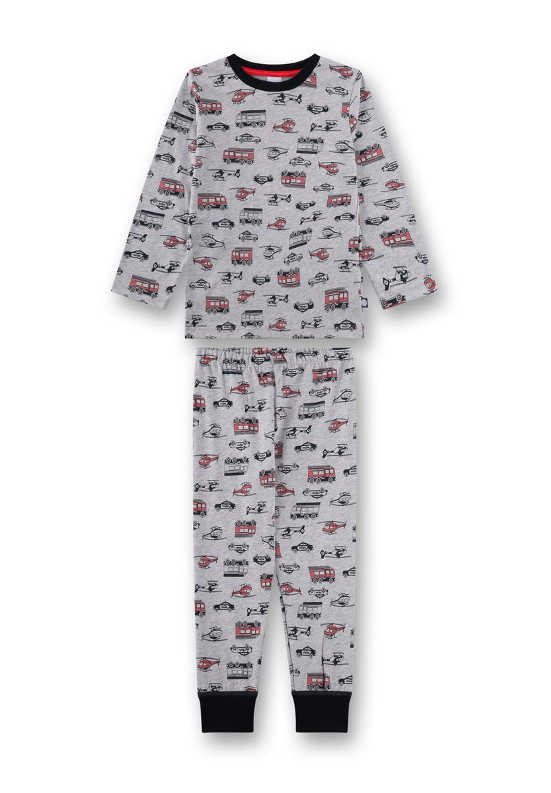 Graues Pyjama-Set mit Langarmoberteil und Hose. Das Design umfasst bunte Fahrzeugmuster in Schwarz und Rot. Weicher Stoff, elastischer Bund.