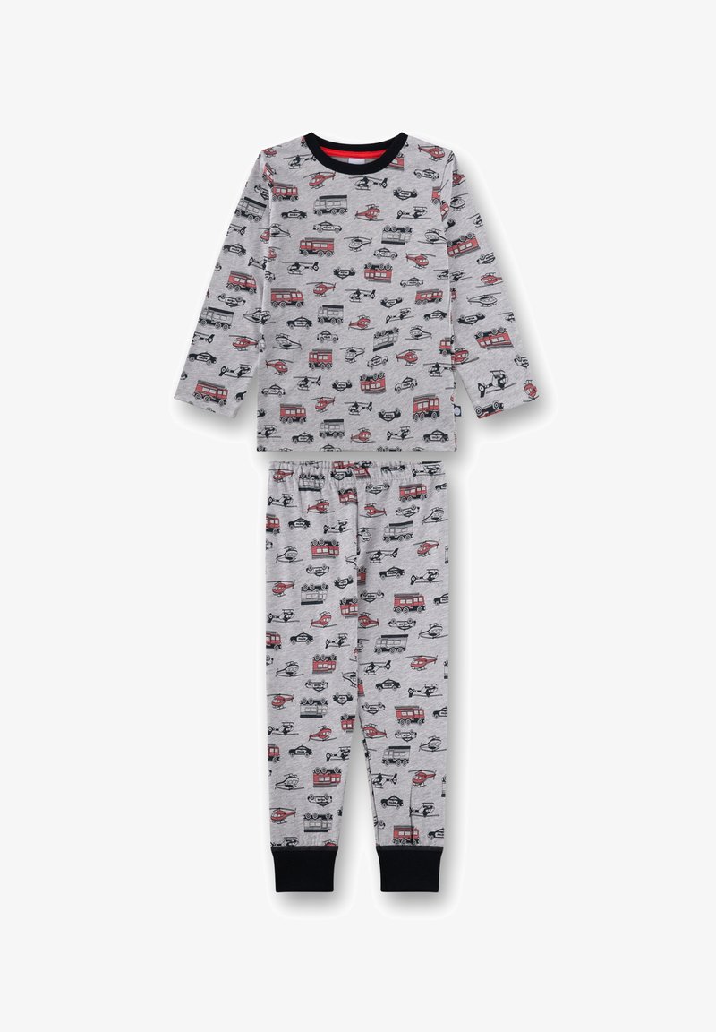 Graues Pyjama-Set mit Langarmoberteil und Hose. Das Design umfasst bunte Fahrzeugmuster in Schwarz und Rot. Weicher Stoff, elastischer Bund.