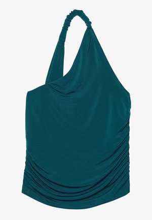 Tirkīza krāsas blūze ar vienu plecu, kas izgatavota no mīksta auduma, ar savilktiem detaļām sānos un vērptu siksniņu papildu dizainam.