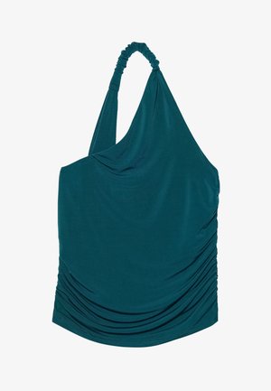 Tume roheline ühele õlale top, mis on valmistatud pehmest kangast, ning millel on kokku pandud detailid külgedel ja keeratud rihm lisadisainiks.