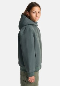 Giacca leggera con cappuccio in un verde smorzato. Presenta una chiusura con zip frontale, tasche laterali, polsini a coste e una silhouette snella.