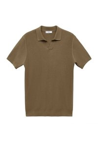 Sweter polo w oliwkowym kolorze. Krótkie rękawy, dekolt w kształcie litery V, tekstura żebrowana, a do tego prosty dół. Wykonany z miękkiego, przewiewnego materiału.