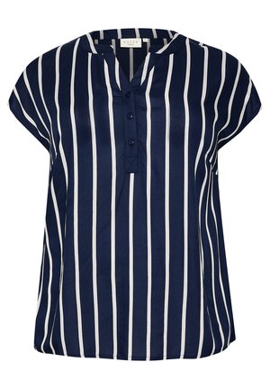 Blusa a righe blu navy e bianca con maniche corte, scollatura a V e bottoni. Realizzata in tessuto leggero con una consistenza liscia.