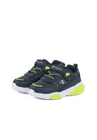 Scarpe sportive con superiore sintetico blu navy, dettagli verde lime, lacci elastici, colletto imbottito e suola bianca con particolari verde lime.