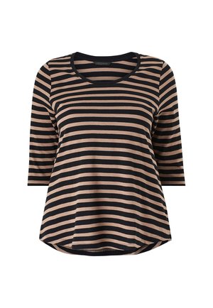 Túnica de rayas negras y beiges de mangas largas con cuello redondeado y dobladillo asimétrico, hecha de una tela suave y elástica.
