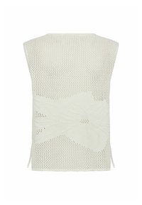 Vit stickad topp med en lös, ärmlös design. Har ett blommigt mönster och öppen vävstruktur, med sidoknytningar vid fållen.