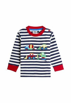 Gestreiftes navy und weißes Shirt f�ür Kleinkinder mit roten Bündchen und Kragen, das farbenfrohe gestickte Baustellenfahrzeuge auf der Brust zeigt.