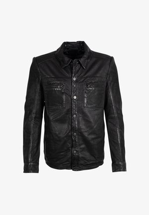 Black leather jacket featuring a buttoned front, two chest pockets, and textured shoulder accents. Smooth texture with a classic collar.