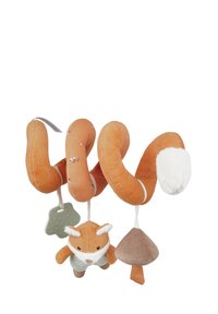 Soft orange spiral baby toy with hanging fox plush, mushroom plush, and green textured teether on white background.