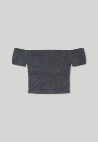 Tmavě modrý top bez ramínek se smockovanou texturou, s krátkými rukávy a zkráceným designem, položený na neutrálním pozadí.