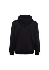 Sort hættetrøje med glat tekstur, med et afslappet design, lange ærmer og ribstrikkede manchetter og kant.