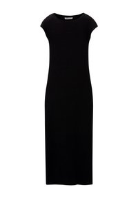 Černé bezramínkové maxi šaty vyrobené z hladké látky, s kulatým výstřihem a přiléhavým střihem, který sahá do poloviny lýtek.