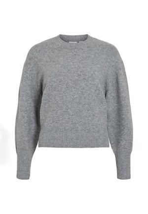 Svetlo sivi pleteni pulover z okruglim izrezom, spuščeni rameni, rebrastimi manžetami in skrajšanim robom. Mehak material z teksturiranim videzom.