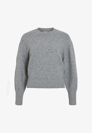 Jasnoszary sweter z dzianiny o okrągłym dekolcie, opadających ramionach, ściągaczach oraz skróconym dolnym wykończeniu. Miękka tkanina o teksturowanym wyglądzie.