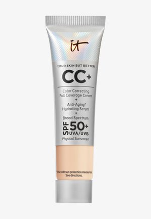 Tube af IT Cosmetics CC+ Color Correcting Cream med SPF 50+, anti-aging fugtgivende serum, bredspektret UVA/UVB fysisk solcreme.