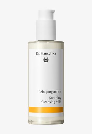Dr. Hauschka Soothing Cleansing Milk in a clear pump bottle with white label and orange stripe at the bottom.