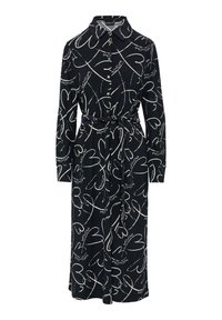 Lungo vestito nero con motivi a cuore bianchi, chiusura frontale con bottoni, colletto e vita cintata. Realizzato in tessuto leggero con maniche lunghe.