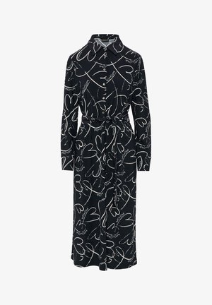 Pikk must kleit valgete südamekujude ja nööbiga ees, krae ja vöökoht. Valmistatud kergest kangast, pikkade varrukatega.