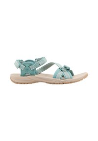 Light blue strappy sandals with adjustable straps, rubber sole, and textured footbed. Features a bow accent on the top strap.