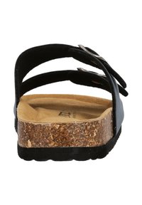 Schwarze Sandale mit zwei verstellbaren Riemen, Korkfußbett, strukturiertem schwarzen Außensohle und einer glatten Oberfläche. Kompaktes Design mit minimalen Details.