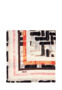 Geometrischer Druckschal aus weichem, leichtem Stoff. Die Farben umfassen Schwarz, Orange, Pink und Creme mit einem geschichteten Design und Logodetail.