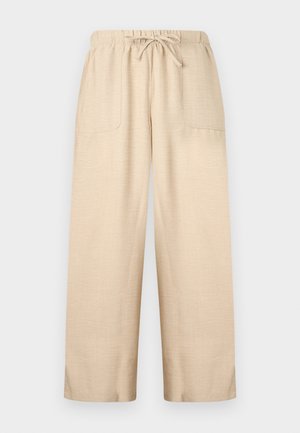 Pantalon beige à jambes larges avec taille élastique, cordon ajustable et deux poches plaquées devant, en tissu léger texturé.