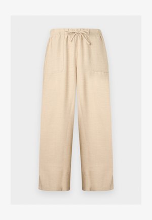 Béžové široké nohavice s elastickým pásom, nastaviteľnou šnúrkou a dvoma prednými náprsnými vreckami, vyrobené z ľahkej textúrovanej látky.