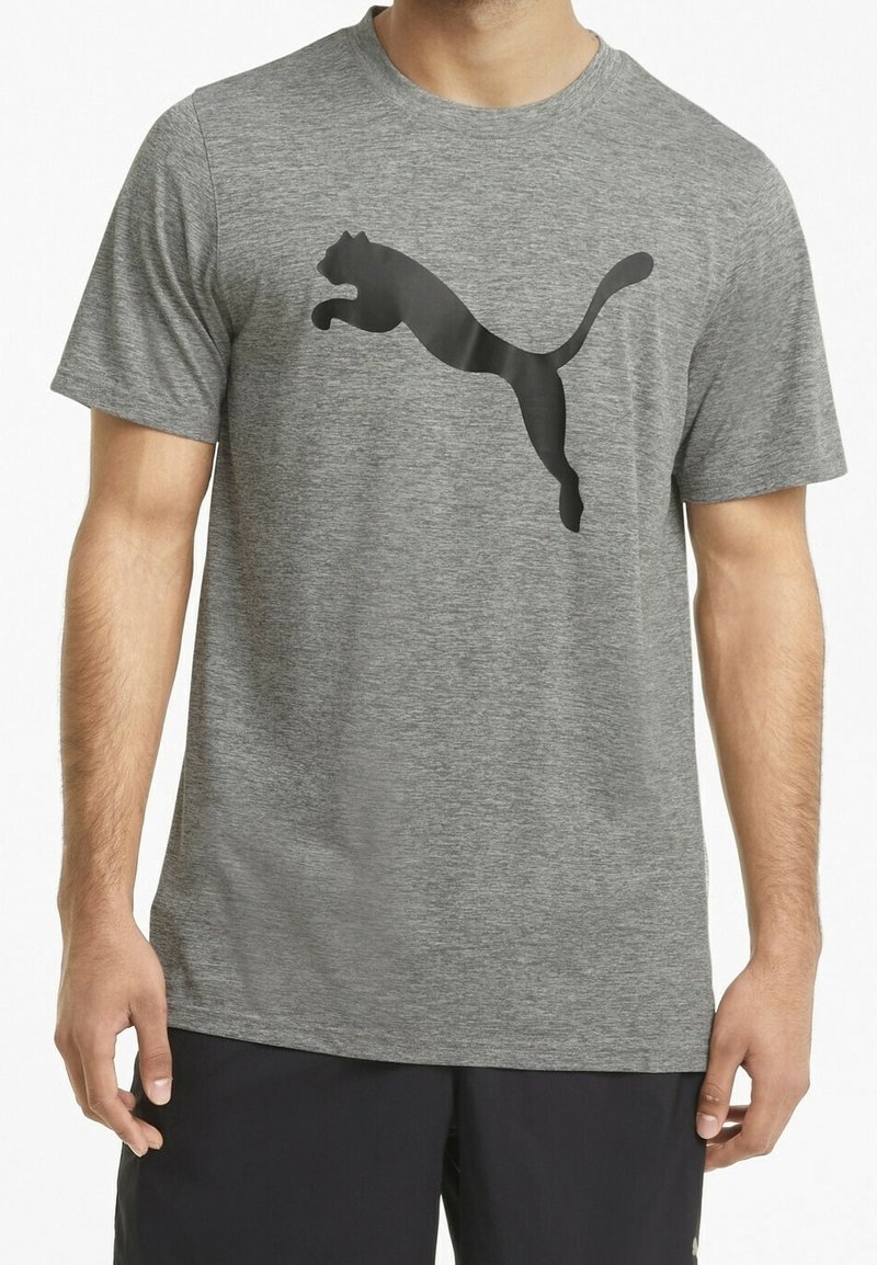 Grå kortärmad T-shirt i mjukt tyg med en stor svart logotyp av en hoppar katt på framsidan. Rund halsringning, klassisk passform.