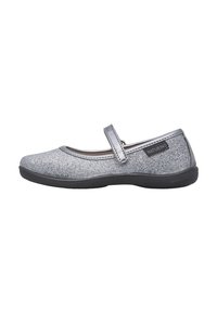 Scarpa Mary Jane glitterata argento con punta rotonda, tomaia sintetica, cinturino regolabile e suola in gomma. Design compatto e leggero.