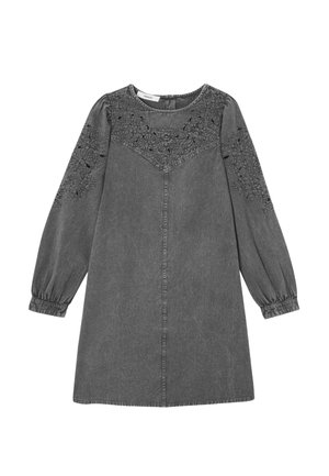 Robe grise à manches longues avec broderie florale sur le plastron et les manches, encolure ronde, poignets froncés et couture apparente sur le devant.