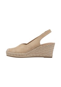 Beige kein kivonnap wedge, amely fonott juta talppal rendelkezik. Lekerekített orrú és nyitott hátsó kialakítás a szellőzés és a kényelem érdekében.