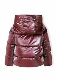 Giacca imbottita bordeaux con un esterno lucido e trapuntato, dotata di cappuccio e polsini elasticizzati. Non sono presenti elementi di branding visibili.