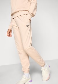 Bēša krāsas sporta bikses no mīksta auduma ar elastīgu jostasvietu, uz kreisā augšstilba melns logotips un riboti aproces. Kopā ar baltām kedām.