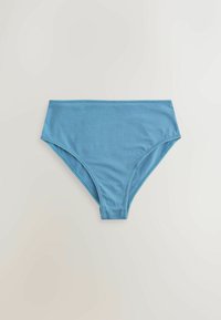 Højtaljet bikiniunderdel lavet af blødt, glat stof i lyseblå farve. Har et sømløst design og kontrasterende syningsdetaljer.