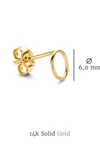 14-karaats massief gouden studoorbel met een ronde lus, bloemvormige achterkant en een diameter van 6,0 mm. Gladde, glanzende afwerking.