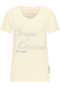 Cremet-farbenes T-Shirt mit kurzen Ärmeln, gefertigt aus weichem Stoff, mit silbernen Textgrafiken, die "Bruno Banani" und "nicht für jedermann" lesen. Etikett an der Seite.