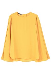 Blusa gialla a maniche lunghe con colletto rotondo, vestibilità morbida e drappeggi eleganti. Presenta dettagli con bottoni sulle maniche e un tessuto liscio e testurizzato.